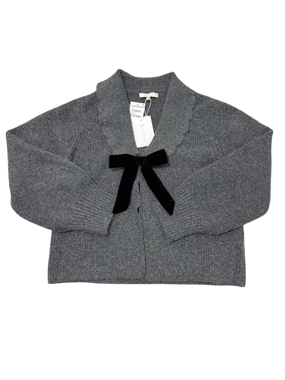 Wayf Sweater Charcoal Gray Knit Cardigan with Black Velvet Bow Large New